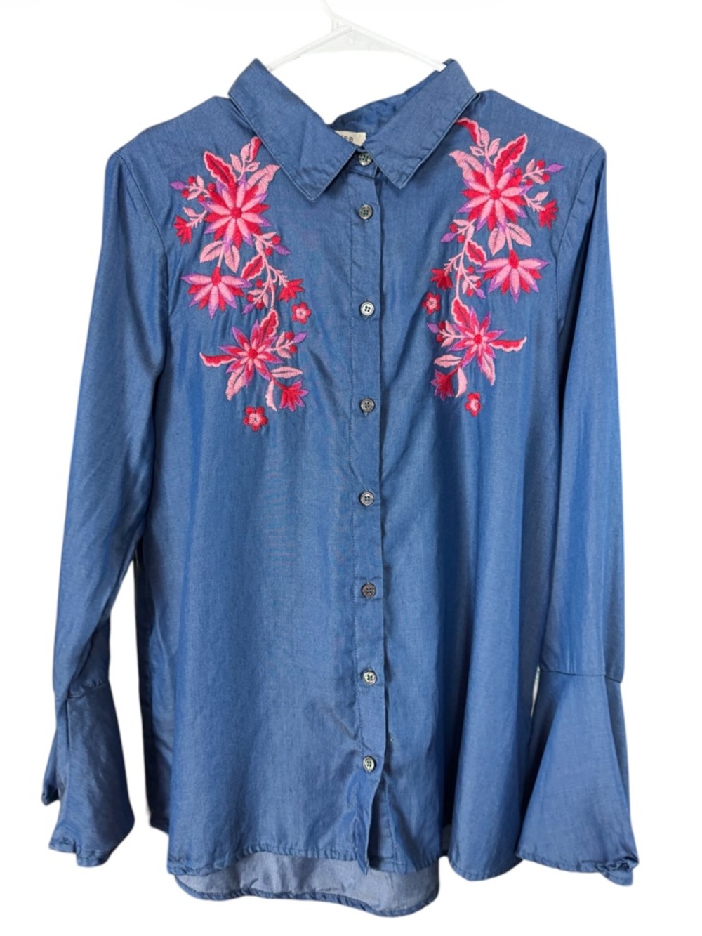 UMGEE Floral Embroidered Tencel Button Down Blouse Bell Sleeve Blue Small